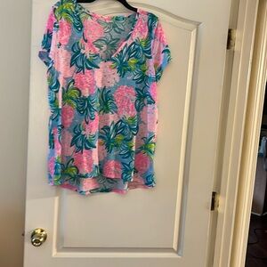 Lilly Pulitzer Pink and Green Ruffled Short Sleeve Blouse
